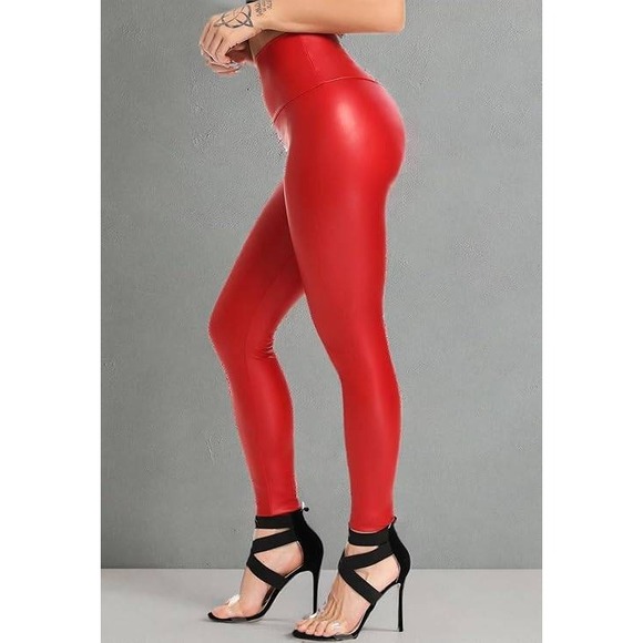 Red Faux Leather High Waist Leggings Hook and Eye Closure Women's 2XL - Picture 2 of 13
